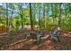 Relaxing backyard setting with fire pit and comfortable seating surrounded by mature trees at 201 Dunhagan Pl, Cary, NC 27511