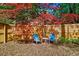 Charming backyard seating area with vibrant red tree, surrounded by a wooden fence at 201 Dunhagan Pl, Cary, NC 27511