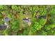Aerial view of property surrounded by lush greenery, mature trees, and an in-ground pool at 2024 Country Trails Dr, Clayton, NC 27520