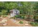 Backyard features a storage shed with landscaping, privacy fence, and a garden area at 2120 Hillock Dr, Raleigh, NC 27612