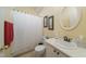 Bathroom featuring a cream sink and vanity, toilet and a shower/tub at 2124 Castle Pines Dr, Raleigh, NC 27604