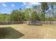 Large grassy backyard featuring a trampoline with safety net, enclosed by a tall wooden fence at 232 Vinewood Pl, Holly Springs, NC 27540