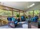 Inviting screened porch featuring cozy wicker furniture and views of the lush, wooded backyard at 2404 Gillingham Dr, Apex, NC 27539