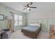 Cozy bedroom featuring a ceiling fan, patterned wallpaper, and a comfy bed at 2705 Evanston Ave, Durham, NC 27703