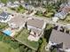 Aerial view of a backyard with a patio, deck, pool, and firepit in a well-manicured residential area at 2905 Pluton Pl, Rolesville, NC 27571