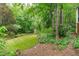 Grassy backyard with a wooded perimeter provides a peaceful, private setting at 307 Parkmeadow Dr, Cary, NC 27519