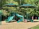 Community playground features slides, climbing equipment and sun shades over wood chips at 307 Parkmeadow Dr, Cary, NC 27519