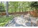 Backyard patio area with an outdoor table, chairs, and lush landscaping at 315 Greenwood Dr, Durham, NC 27704