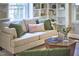 Comfortable living space with a plush sofa, accent pillows, and built-in bookshelves for a cozy ambiance at 315 Greenwood Dr, Durham, NC 27704