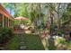 Secluded backyard featuring a brick patio with outdoor seating, surrounded by lush greenery and landscaping at 3417 Windmere Dr, Sanford, NC 27330