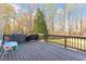 Large wooden deck with railings, with backyard view at 3908 Yateswood Ct, Raleigh, NC 27603