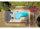 Drone shot of an inground pool with lounge chairs, a pool house with an outdoor bar, and manicured landscaping at 3908 Yateswood Ct, Raleigh, NC 27603