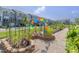 A view inside the community garden with plots for planting and colorful flags hung between the tomato plants at 4905 Abundance Ave, Raleigh, NC 27616