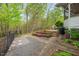 Landscaped backyard with raised garden beds and stone patio with a pergola at 5900 Orchid Valley Rd, Raleigh, NC 27613