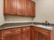 Laundry room featuring brown cabinets, granite countertops, and a white sink at 642 Bear Tree Creek, Chapel Hill, NC 27517