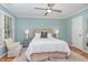 Comfortable bedroom features carpet, a ceiling fan, soft lighting, and neutral paint at 707 Cross Timbers Dr, Durham, NC 27713