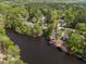 Aerial view of a waterfront community featuring luxurious homes surrounded by lush greenery and scenic lake views at 955 Sagamore Dr, Louisburg, NC 27549