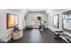 Home gym featuring a stationary bike, free weights, trampoline, rubber flooring, and natural light at 102 Kamprath Pl, Cary, NC 27519