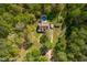 Aerial shot of home with backyard pool surrounded by lush greenery in a serene setting at 105 Hobson Pl, Louisburg, NC 27549