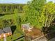 Aerial view of a brick home with a well-maintained yard surrounded by mature trees at 203 W Pilot St, Durham, NC 27707