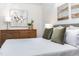 This bedroom features neutral decor and a cozy gray upholstered headboard at 206 Bickett Blvd, Raleigh, NC 27608