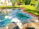 Backyard swimming pool with a waterfall feature and a lush green lawn; residential home in the background at 7110 Hunter Hill Rd, Rocky Mount, NC 27804