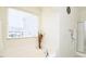 Bright bathroom featuring a large soaking tub, glass shower, and decorative accents at 743 Silver Stream Ln, Cary, NC 27519