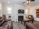 Cozy living room with a fireplace, TV, comfortable leather sofas, and tasteful decor, creating a welcoming atmosphere at 781 Cormiche Ln, Wake Forest, NC 27587