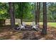 Relaxing fire pit area surrounded by mature trees and comfortable Adirondack chairs at 8016 Parker Mill Trl, Fuquay Varina, NC 27526