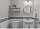 Stylish half-bathroom with decorative tile, a round mirror and a pedestal sink at 102 Parkbranch Ln, Cary, NC 27519