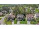 Beautiful aerial view of a brick home nestled among mature trees in a quiet, upscale neighborhood at 1512 Piazzo Ct, Apex, NC 27502