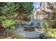 Backyard with a brick fire pit, seating and lush greenery at 1512 Piazzo Ct, Apex, NC 27502