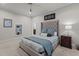 Bedroom with soft carpet, upholstered headboard, and recessed shelving at 1512 Piazzo Ct, Apex, NC 27502