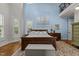 A stylish bedroom features a blue accent wall, wooden furniture, and a cozy rug at 1512 Piazzo Ct, Apex, NC 27502