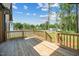 Wooden deck with railing overlooking a backyard on a sunny day at 518 Ranch Farm Rd, Raleigh, NC 27603