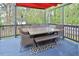 Outdoor dining on the patio with a dining table, chairs, and a red awning at 600 Old Farm Rd Rd, Graham, NC 27253