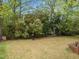Picturesque backyard featuring a lush lawn, mature trees, and a wooden deck at 8921 Walking Stick Trl, Raleigh, NC 27615