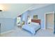 Comfortable bedroom with light blue walls, white carpet, and a window offering natural light at 104 Buckeye Ln, Chapel Hill, NC 27516