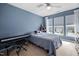 Blue-walled bedroom with a bed, keyboard, and window with blinds at 1103 Kudzu St, Durham, NC 27713