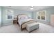 Light blue bedroom with neutral colored furniture, fan and bright natural light at 125 Kelekent Ln, Cary, NC 27518