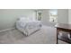 Bedroom features carpet, two windows allowing natural light, and blue and white patterned bedspread at 125 Kelekent Ln, Cary, NC 27518