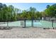 Pickleball court with green surfaces surrounded by fencing, trees, and native surroundings at 150 Big Horn Cv, Louisburg, NC 27549
