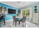 Bright dining room with a modern table set, a large window, and an ocean mural at 201 Blue Heron Dr, Youngsville, NC 27596