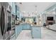 Spacious kitchen featuring an island, blue cabinets, and stainless steel appliances at 201 Blue Heron Dr, Youngsville, NC 27596