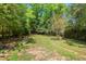 Lush backyard featuring a stone fire pit and a pathway leading through mature trees at 2416 W Club Blvd, Durham, NC 27705