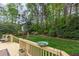 Lush backyard view from the deck, showcasing mature trees and well-maintained lawn at 401 Stinhurst Dr, Durham, NC 27713