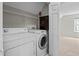 Functional laundry room with washer, dryer, overhead shelving and a fire extinguisher at 4414 Nightfall Ct, Durham, NC 27713