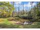 Scenic backyard pond surrounded by lush greenery and mature trees adds natural beauty at 460 Mann Rd, Coats, NC 27521