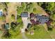 Overhead view of a landscaped property with home, garage, circular driveway, and pool at 5212 Theys Rd, Raleigh, NC 27606