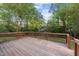 The expansive wooden back deck offers plenty of room for outdoor entertaining, overlooking lush trees and lawn at 801 Silver Leaf Pl, Raleigh, NC 27609